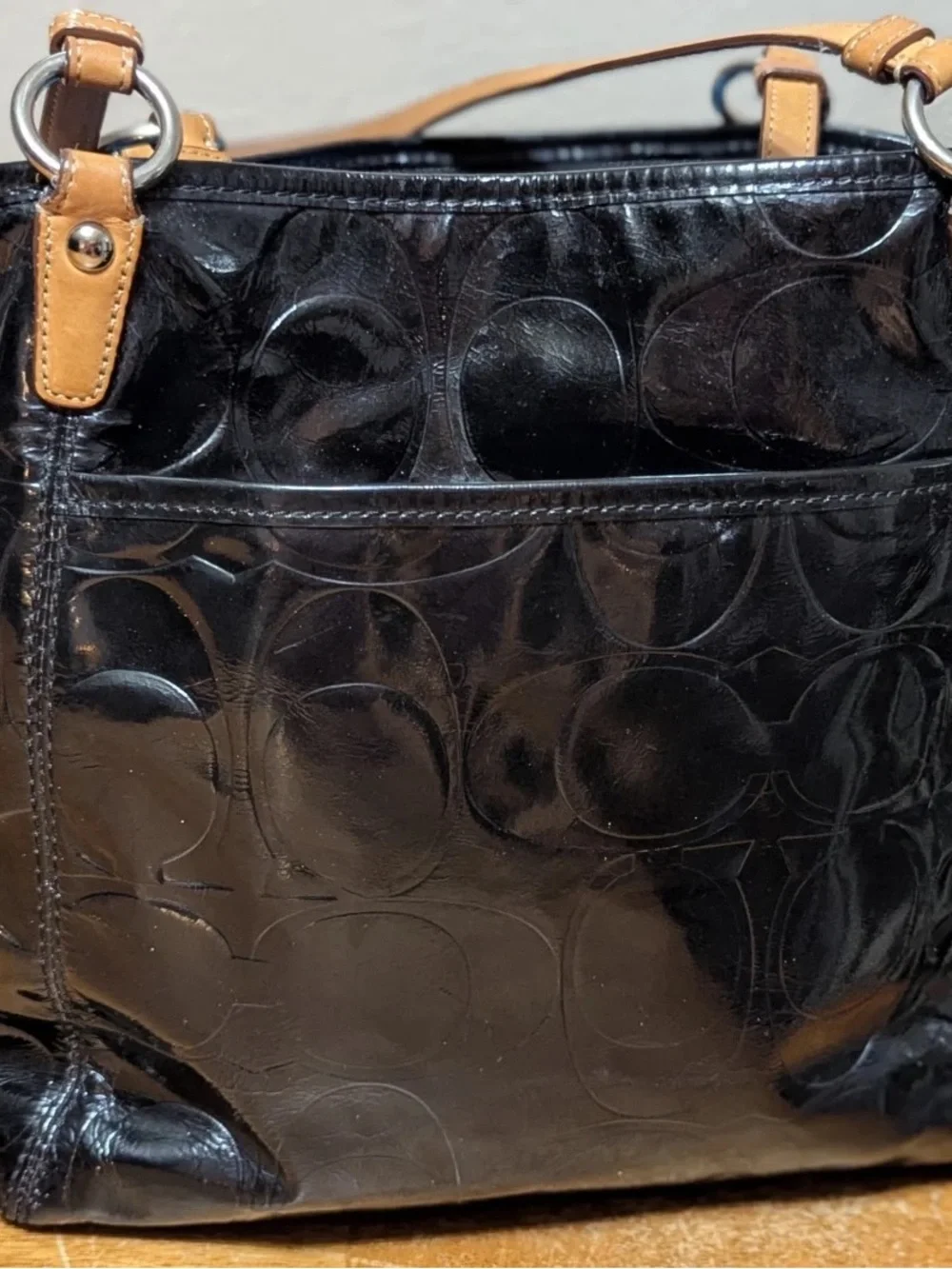 COACH Signature LEAH Black Embossed Patent Leather Logo SHOULDER TOTE BAG F14663